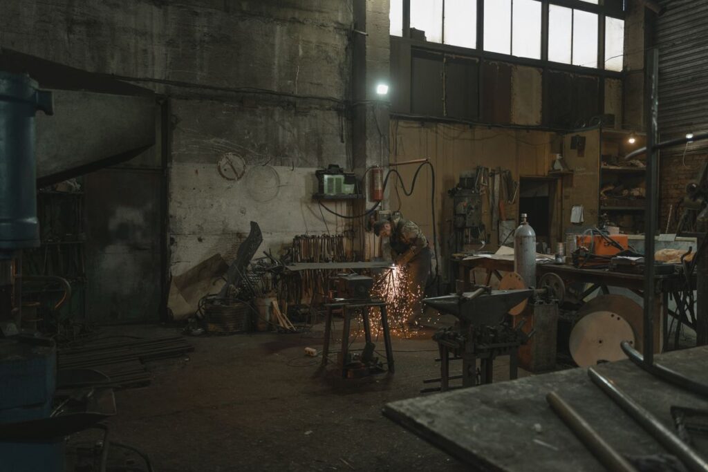 Fabrication workshop with metalwork in progress